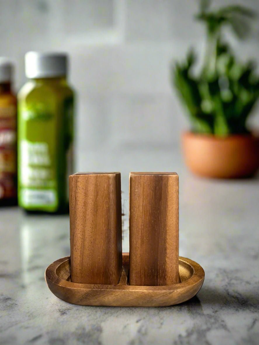 Salt & Pepper Shakers on an Acacia Wood Base - Wild Oak & Wire