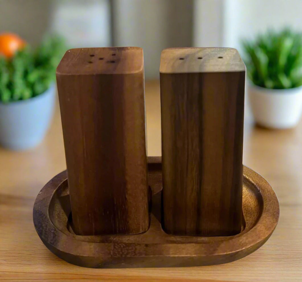 Salt & Pepper Shakers on an Acacia Wood Base - Wild Oak & Wire