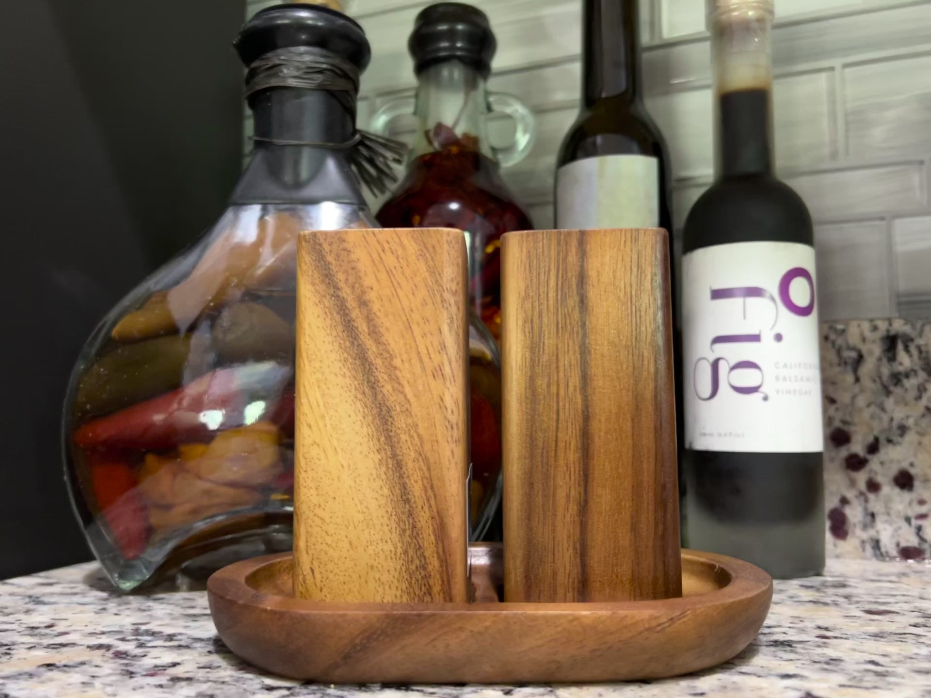 Salt & Pepper Shakers on an Acacia Wood Base - Wild Oak & Wire